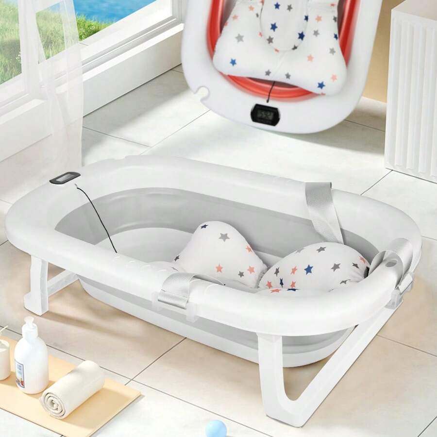 Foldable Baby Bathtub With Bath Mat, Baby Bathtub With Integrated Thermometer, Baby Bathtub With Shower Head Connection, Space Saving, Ergonomic, Portable Baby Bathtub For Babies From 0-36 Months
