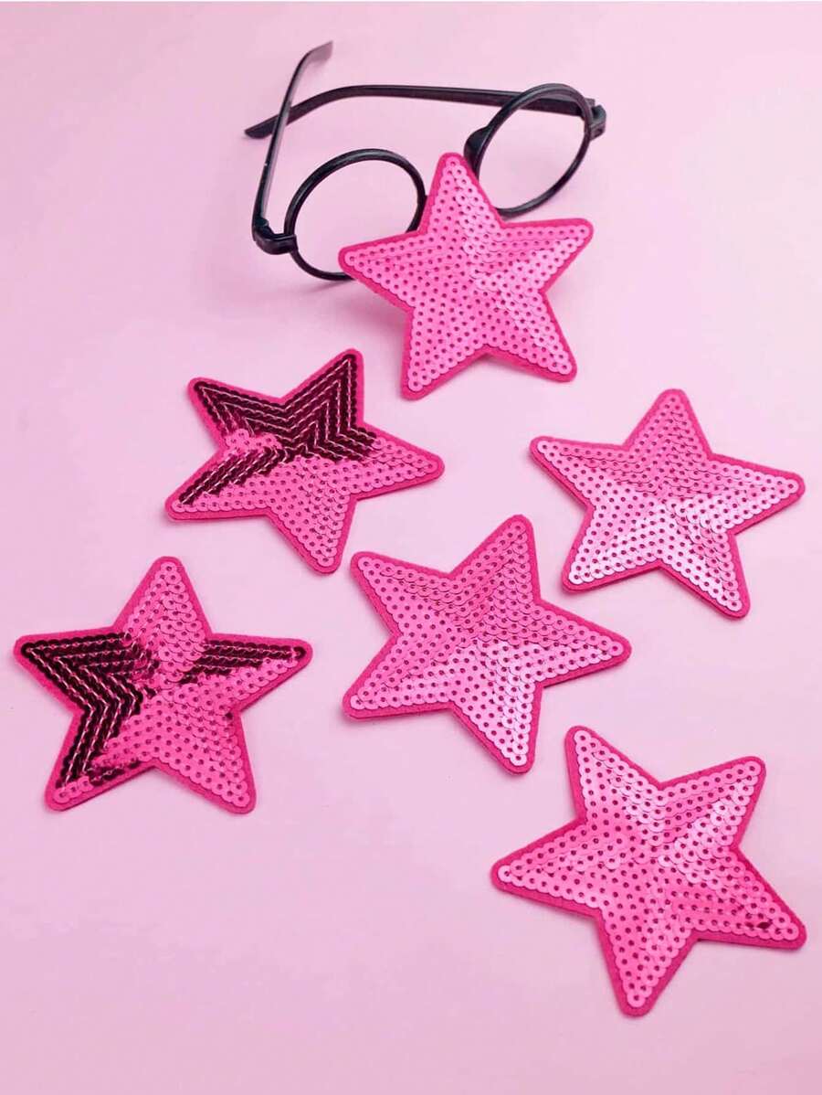 6pcs Fuchsia Sequin 5-Pointed Star Patches, Cartoon Style Embroidery Sew-On Appliques, DIY Craft, Applicable To Clothing, Shoes, Hats, Bags, Etc. - Hot Pink - View 1