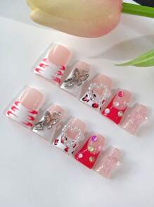 10pcs/Set Y2K Style Handmade Duck Nails Acrylic Duck Mouth Hand-Painted Pink Press On Nails With Heart-Shaped Rhinestones,Butterfly.Suitable For Women And Girls,Party,Daily Wear