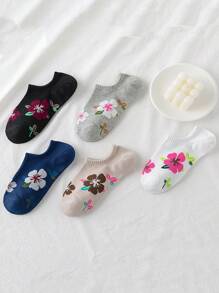 5pairs Flower Pattern Daily Wear Casual Women Ankle Socks, No Show Socks - Black and White - View 5