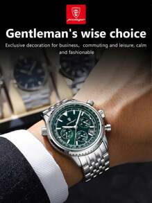 1 件时尚男士石英表，不锈钢多功能日期计时防水夜光指针手表，适合商务场合的腕表 - 銀色 - 查看 6