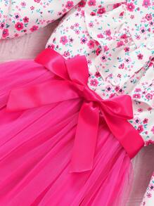Váy lưới cổ Peter Pan in hoa tay dài cho bé gái tuổi teen có dây buộc eo - Màu Hồng Tươi - Xem 6