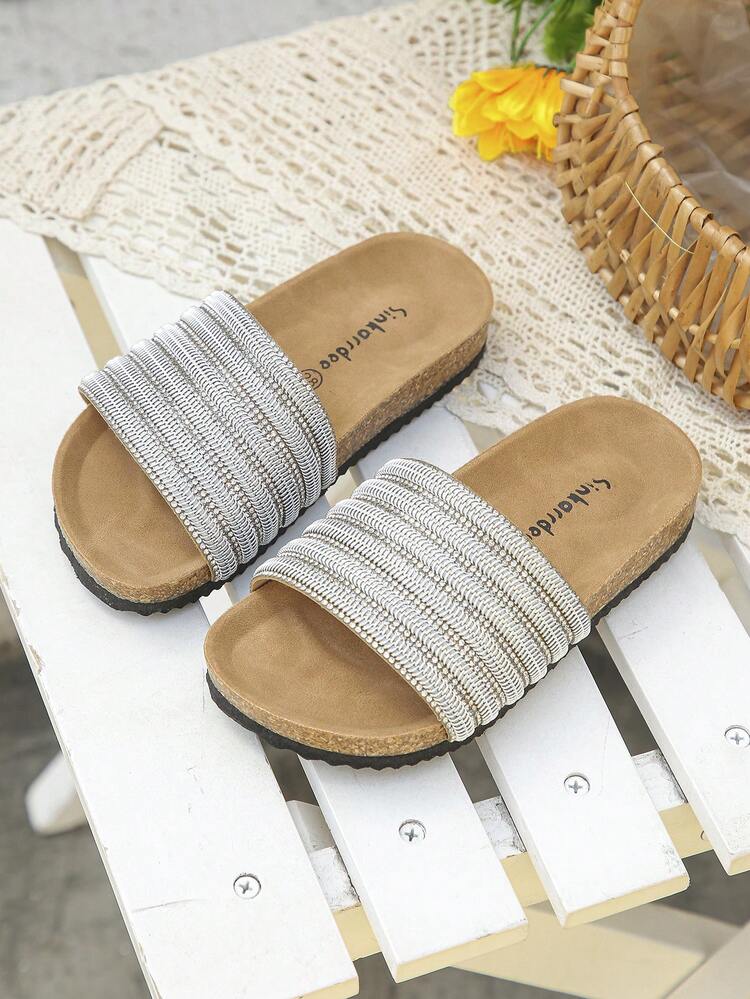 1 Pair New Kids Fashion Casual Woven Stripe Colorblock Rhinestone Decor Non-Slip Soft Cork Flat Open Toe Beach Sandals, Suitable For Summer - Silver - View 3