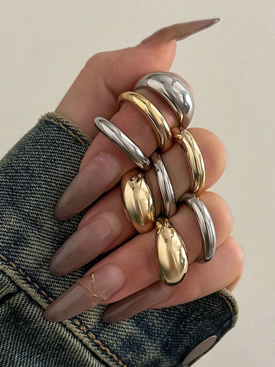 8 peças/conjunto de anéis abertos geométricos exagerados, cores misturadas de ouro e prata, adequados para todas as ocasiões, presente de feriado perfeito - Multicolorido - Ver 1
