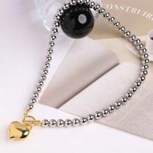 1pc Beaded Necklace, Women Heart Locket Pendant Necklace, Silver Bead & Heart Charm