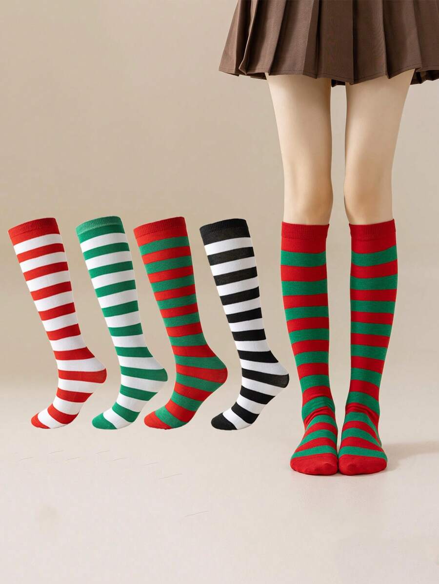 1双/包 女士日式条纹长筒袜 COSPLAY 动漫派对角色扮演条纹少女长筒袜，Y2K风格，舒适袜子