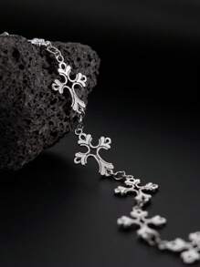 Men's Vintage Floral Pattern Cross Chain Bracelet - Silver - View 4