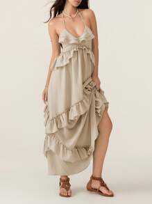 Women Y2K Summer Boho Long Dress Sleeveless Deep V Neck Halter Neck Layered Ruffle Maxi Dress Flowy Swing Beach Dress - Grey - View 4