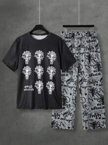 男士休闲户外套装、街头时尚数码印花裤和短袖 T 恤 - 黑色 - 查看 3