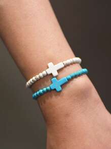 2 件女士友谊手链，绿松石和绿松石珠串珠手链，波西米亚风相配手链，适合最好的朋友 - cross - 查看 4