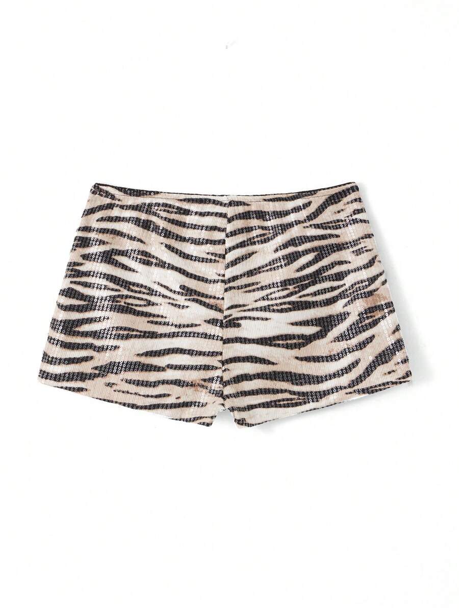 Women's Hot Shorts Zebra Print Low Waist Sequin Short Pants Streetwear For Party Shorts For Women - 卡其色 - 查看 1