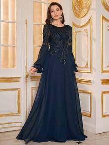 SUPGIR Women's Round Neck Lantern Sleeve Luxury Pearl & Sequin Patchwork Chiffon Party Dress Wedding Spring - Navy Blue - View 4