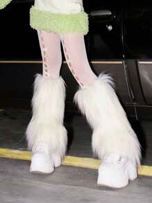 女士Y2K毛绒腿套，柔软毛绒腿套，冬季蓬松腿套，万圣节圣诞老人装扮，舒适保暖 - 白色 - 查看 4