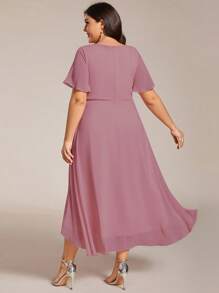 Plus Size Women Chiffon Ruffle Hem Solid Color Elegant High-Low Bridesmaid Dress - Dusty Pink - View 3