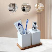 Ceramic Hand Sanitizer Bottle Storage Cup, Bamboo And Wood Tray, Bathroom Three Pieces Set, Bathroom Lotion Sub Packaging Bottle, Bathroom, Distributeur Savon - Multicolor - View 8