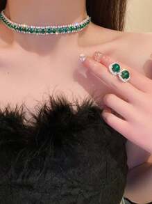 1 Set Crystal Necklace And Earring Jewelry Set - Green - View 2