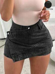 Y2K Vintage Elastic Waist Wrap Asymmetric Hem Bodycon Denim Skort, Punk Denim Shorts For Back To School Season - Smoke Black - View 2