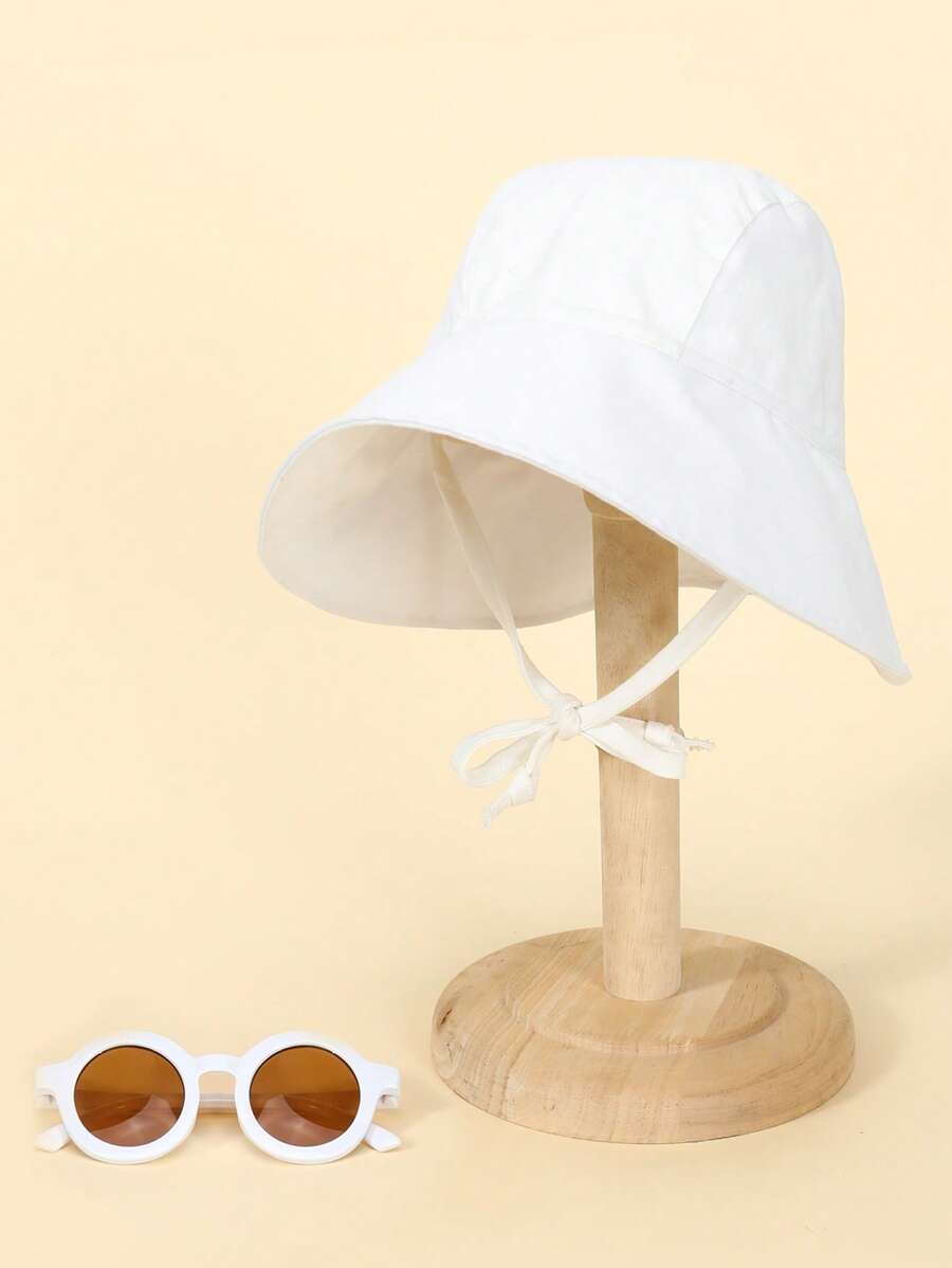 2PCs Baby Sun Hat With Glasses In One Set Quick-Drying Bucket Breathable Children's Sun Hat Baby Basin Hat Beach Sun-Ion Bucket Hat - White - View 1