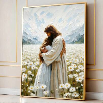 1 pieza Póster de lienzo con impresión de Jesús abrazando a una niña, enmarcado/sin enmarcar, arte cristiano bíblico, pintura estética minimalista, decoración de pared para dormitorio, apartamento, sala de estar, hogar moderno