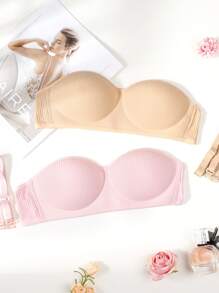 2 piezas Sostén bandeau con ribetes de unicolor y push-up, cómodo con tirantes desmontables para adolescentes
