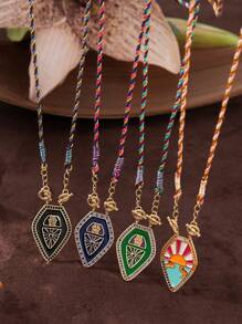 1 件波西米亚风格彩色盾牌几何祝福吊坠项链，手工编织绳，镶嵌锆石，电镀防水保色，女士礼物，女士珠宝 - 彩色 - 查看 3