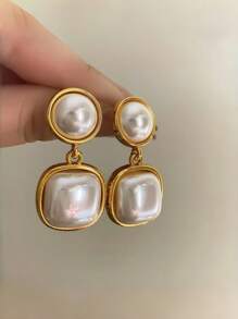 一对金色优雅珍珠几何水滴耳环，高端法式风格耳环，适合女士参加派对、婚礼、送礼、日常佩戴 - 彩色 - 查看 5