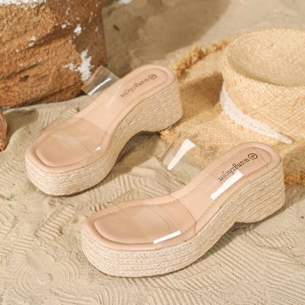 Women's Casual Fashion Comfortable Wedge Thick-Soled Rope Rhinestone Embellished Slide Sandals For Summer