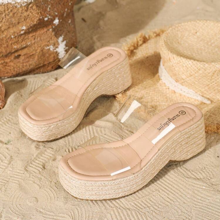 Women's Casual Fashion Comfortable Wedge Thick-Soled Rope Rhinestone Embellished Slide Sandals For Summer - Clear - View 1