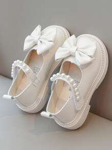 1 Pair Children Fashion Flat Shoes, Infant Toddler Princess Style Bow Decor Adorable Princess Shoes,White Faux Pearl Dance Shoes, Lightweight Non-Slip Breathable Indoor & Outdoor Casual Shoes - Beige - View 5