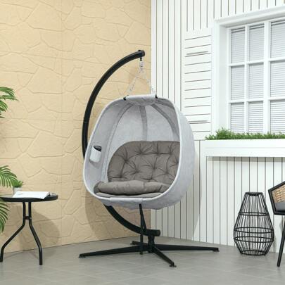 Outsunny Hanging Egg Chair Outdoor Indoor Garden Swing Chair With Folding Basket, Garden Hanging Chair With Stand, Thickened Cushion, Cup Holder For Patio, Balcony