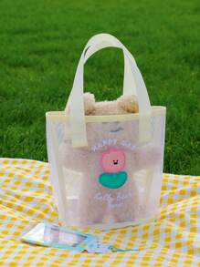1pc Minimalist Fashion Korean Style Cartoon Transparent Net Tote Bag, Cute Small Bear Portable Handbag For Girls, Beach Bag, Mini Size - Apricot - View 4