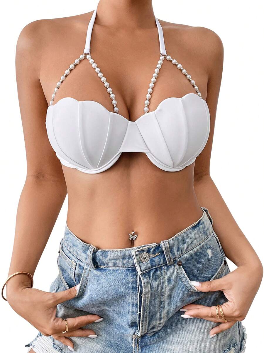 Bikini Tops For Women Halter Neck Pearled Shell Mermaid Bathing Suit Swim Tops Beach Swimwear - trắng - Xem 1