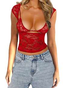 Conjunto de top de encaje vintage para mujer, camiseta de corte bajo y corte ajustado con mangas cortas + bralette sin mangas, ropa de verano - Rojo - Ver 1