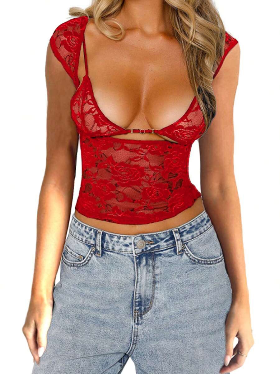 Conjunto de top de encaje vintage para mujer, camiseta de corte bajo y corte ajustado con mangas cortas + bralette sin mangas, ropa de verano - Rojo - Ver 1