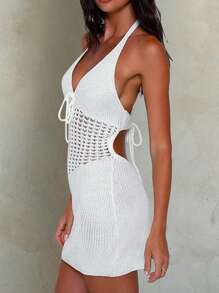 镂空系带针织连衣裙，春夏 - 白色 - 查看 7