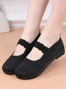 女士夏季新款网眼透气平底鞋春秋休闲鞋针织鞋面防滑软底轻便舒适一脚蹬乐福鞋 - 黑色 - 查看 2