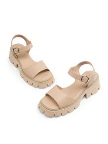 Women's Lug Sole Low Platform Summer Sandals, Stylish Open Toe Chunky Block Ankle Straps Heels Sandals For Summer/Spring - Màu be - Xem 7