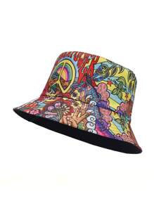 1pc Women's Random Patchwork Fantasy Mushroom Print Reversible Bucket Hat, Suitable For Beach Vacation, Outdoor Travel, Party, Daily Sun Protection