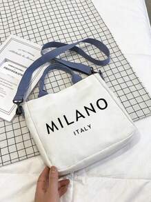 White Canvas Bag Ins Style Messenger Bag Printed With Letters "MILANO ITALY ﻿", Large-Capacity New Cute Shoulder Bag, Diagonal Shoulder Bag, Cute Bow Leopard Design Highland Cow Pattern, Large-Capacity Tote Bag, Portable, Adjustable Blue Shoulder Strap,With Artistic Letters And Pattern Printing Design, And Convenient Shopping Bag For Daily Use. Teacher'S Thank-You Gift, Mother'S Day Gift, Suitable For Travel,Beach, School, Work & Daily Use