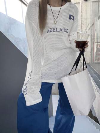 美式休闲风格透明针织 T 恤女士宽松长袖镂空轻质罩衫上衣