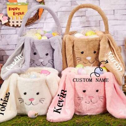 1pc Customized Easter Gift Basket Plush Embroidered Long Ear Rabbit Design, Easter Gift Basket