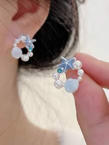 1 对女士海星贝壳仿珍珠耳环，设计精美，适合夏季海滩度假女士耳环，适合女性在日常生活、海滩派对、度假等场合佩戴 - 彩色 - 查看 2