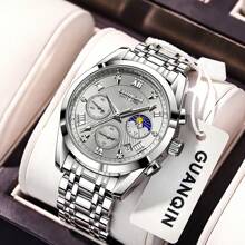 1pc GUANQIN Waterproof Luminous Watch With Rhinestones Calendar Dial Wear-Resistant Stainless Steel Strap Fashion Business Luxury Sporty Classic Simple Casual Mechanical Style Men Automatic Quartz Watch Suitable For Valentine's Day,Festivals,Dating,Business, Daily,Gifts - Silver - View 2
