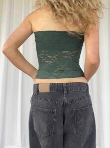 Women Lace Tube Top Without Bra  Y2k Floral Lace Sheer Mesh Strapless Bandeau Crop Tops Sexy Backless Sleeveless See Through Going Out Tops Off Shoulder Vests Shirts Vintage Aesthetic Clothes Streetwear - xanh quân đội - Xem 2