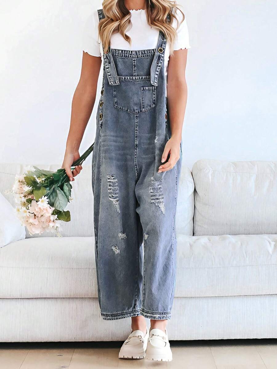 Women Denim Overalls Ripped Jean Jumpsuits Vintage Casual Streetwear Adjustable Strap Baggy Romper With Pockets - 寶藍色 - 查看 1