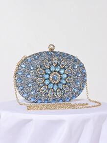 闪闪发光的奢华水钻装饰手提包，小手拿包，优雅适合晚礼服、婚礼、派对，配有金属链，时尚女士手提包，新娘钱包 - 淺藍色 - 查看 6