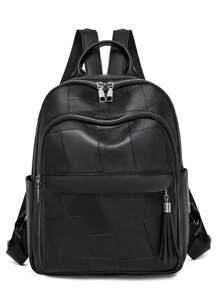 高品质柔软皮革复古女士背包，大容量旅行背包 - 黑色 - 查看 3