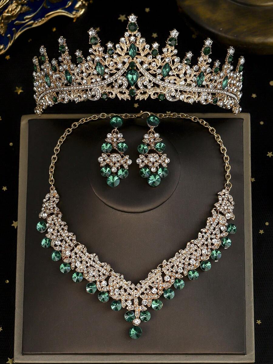 1 套金色新新娘配饰，经典绿水晶装饰新娘皇冠，奢华项链和耳环 3 件套婚纱 - 金色 - 查看 1