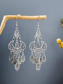 1 对波西米亚风复古银水滴吊坠流苏耳环，适合女士，复古风格，适合日常佩戴、工作、旅行、聚会、约会