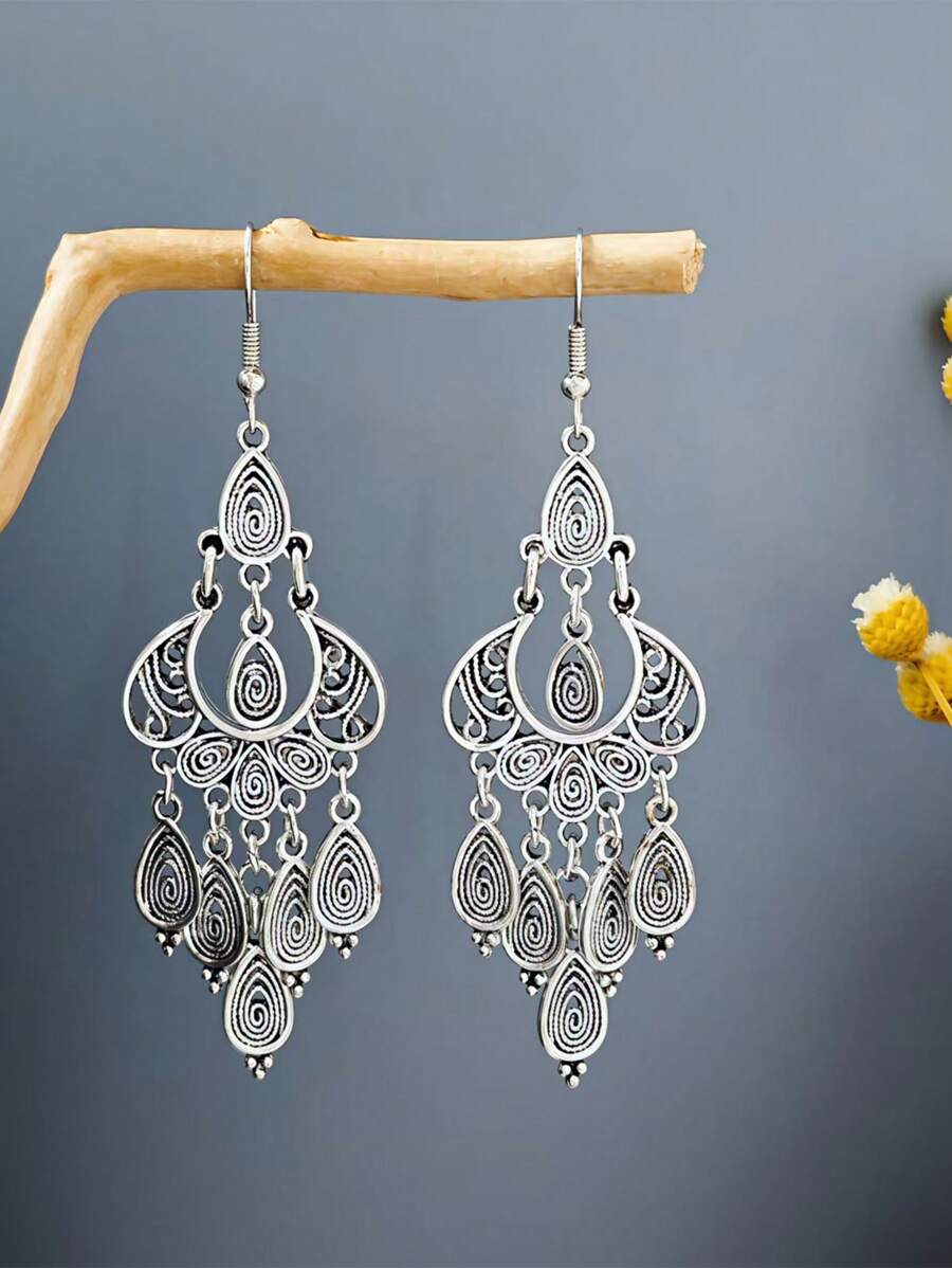 1 对波西米亚风复古银水滴吊坠流苏耳环，适合女士，复古风格，适合日常佩戴、工作、旅行、聚会、约会